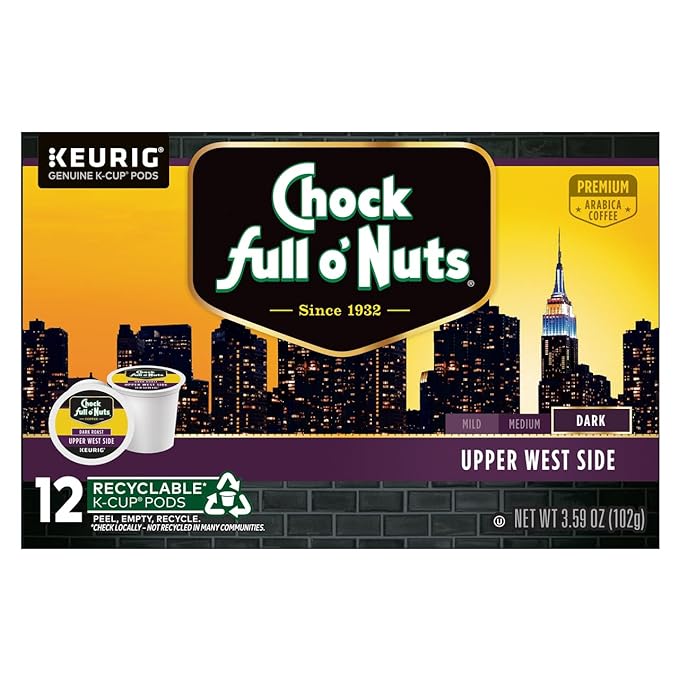 Chock Full o'Nuts Upper West Side Coffee Dark Roast Compatible with K-Cup Pods 12 CT (Pack of 4)