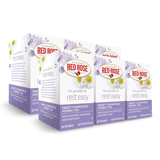 Red Rose Blossoms Sweet Chamomile Herbal Tea Caffeine Free Herbal Tea that Supports Healthy Digestion Herbal Tea with 18 Individually Wrapped Tea Bags Per Box (Pack of 6)