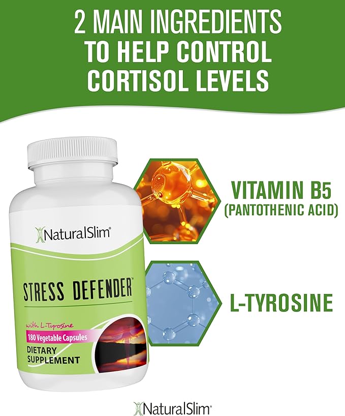 NaturalSlim Stress Relief Supplement - Stress Defender High Cortisol Reducer Control Cravings Sleep &amp Metabolism Support with Vitamin B5 Pantothenic Acid &amp L Tyrosine - 180 Vegetable Capsul