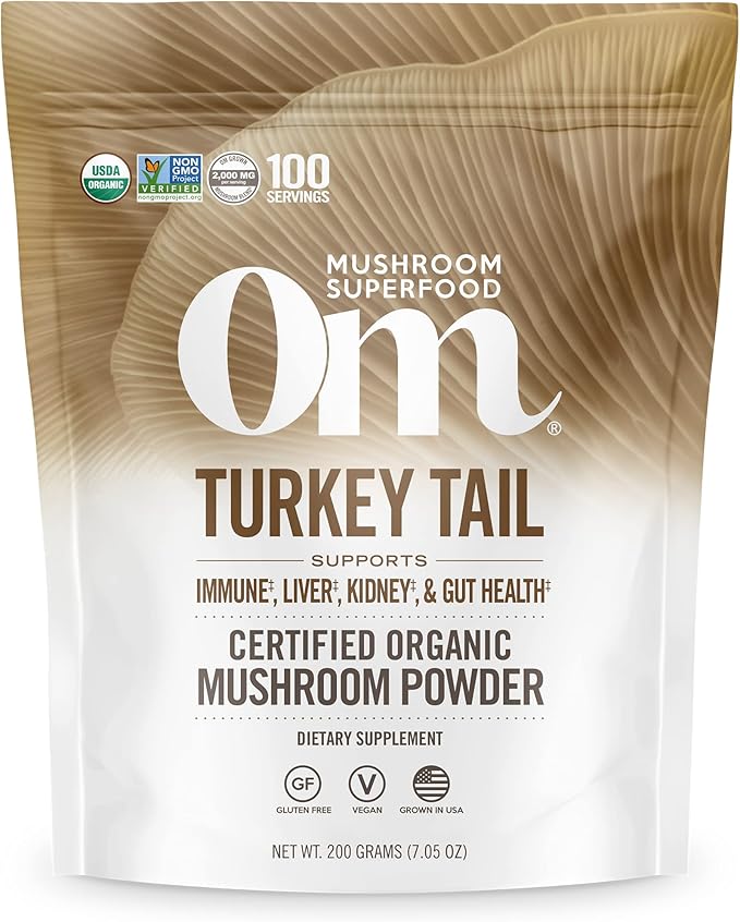 OM MUSHROOM SUPERFOOD Turkey Tail Organic Mushroom Powder Pouch 7.05 Ounce 100 Servings Immune Support Polysacchrides Beta-Glucans Gut Health &amp Holistic Defense Mushroom Supplement