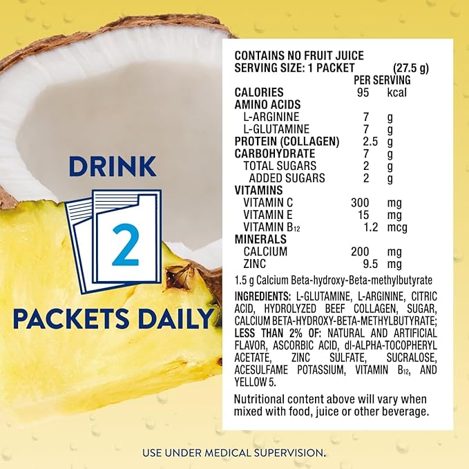Juven Therapeutic Nutrition Drink Powder Including Collagen Peptides Amino Acids and HMB for Wound Healing Support Pineapple Coconut 14 Packets