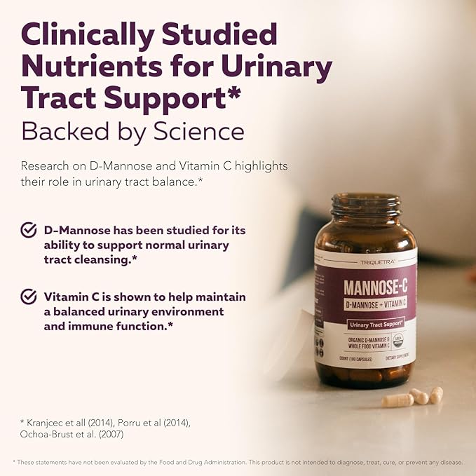 Mannose-C - Organic D-Mannose + Whole Food Vitamin C Natural UTI Support Supplement to Flush &amp Cleanse Urinary Tract Certified Organic Urinary Health for Women Vegan Non-GMO (180 Count)