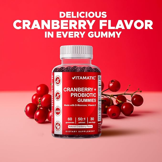 Vitamatic 2 Pack Cranberry Gummies with D-Mannose Probiotics Vitamin C – Plant-Based Botanical Extract – Vegan Non-GMO – 60 Count