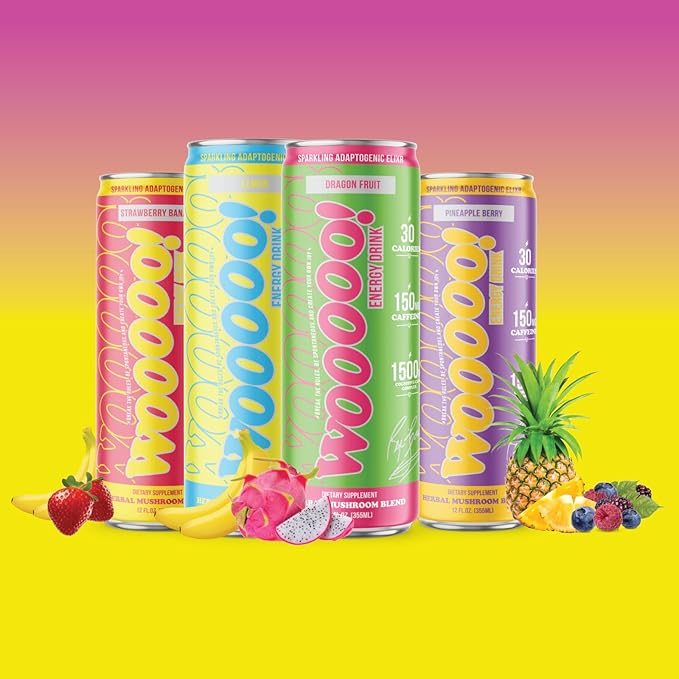 Wooooo! Energy Ric Flair Sparkling Adaptogenic Mushroom Energy Drink | Natural Antioxidants &amp Nootropics | Lion’s Mane &amp Cordyceps | 150mg Caffeine | 12 Pack (Lemon)