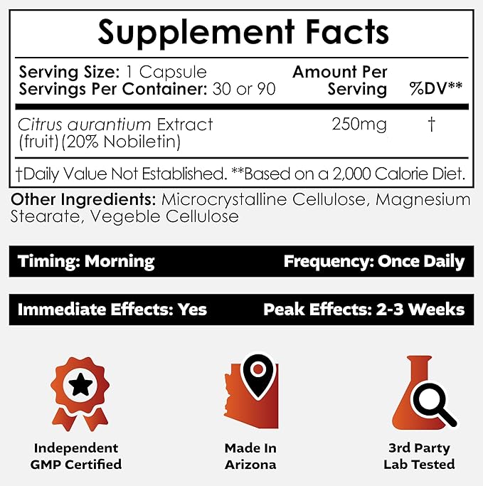 Nootropics Depot Nobiletin Capsules | 250mg | 30 Count | 20% Extract | Citrus aurantium | May Help Suppot Cognitive &amp Metabolic Function | May Help Promote Cardiovascular Function