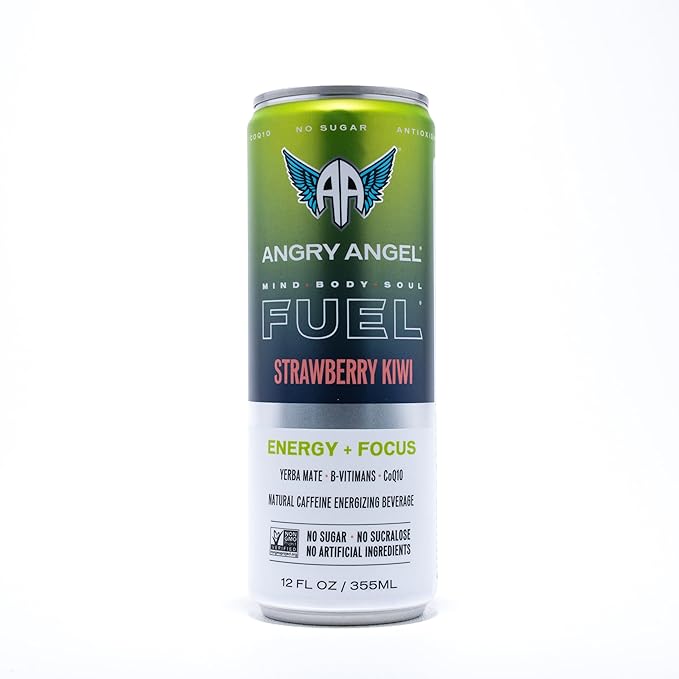 Angry Angel Strawberry Kiwi Natural Energy + Focus Drink (12 count) - Zero Sugar - Natural Caffeine from Yerba Mate - CoQ10 - B Vitamins - 12 oz Cans