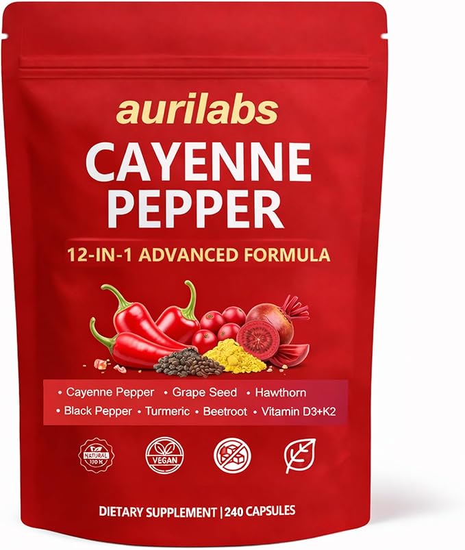 Aurilabs Cayenne Pepper softgels - Vitamin D3+K2 Complex Circulation Support Formula with Capsaicin &amp Botanicals Vegetarian Non-GMO Softgels for Daily Wellness (1)