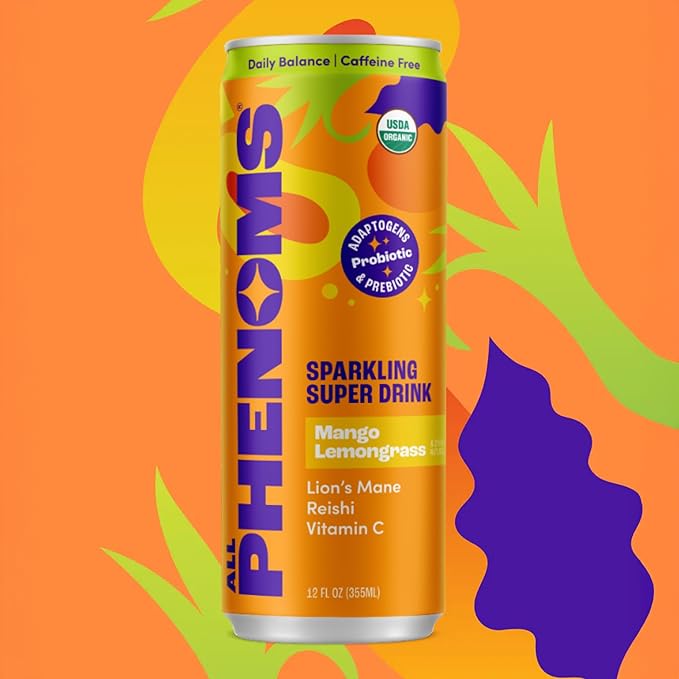 All Phenoms Daily Balance Sparkling Organic Prebiotic &amp Probiotic Drink - Adaptogen Mushroom Blend (500mg of Lions Mane &amp Reishi) Vit C Zinc (Non-Caffeinated No Stevia) - Mango Lemongrass