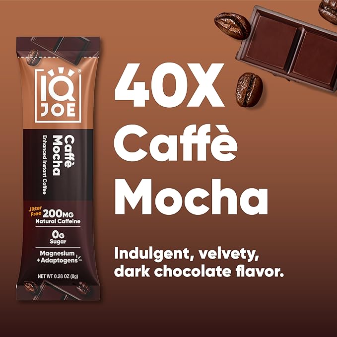 IQJOE Mushroom Coffee Packets (40 Servings) Lion’s Mane Magtein Magnesium Antioxidants Adaptogens - Caffe Mocha - Instant Coffee for Focus Clarity Mood Energy Boost - Sugar Free Keto Vegan