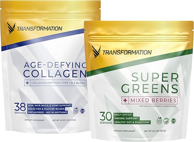 Transformation Grass-Fed Hydrolyzed Collagen Peptides Powder | Multi Types 1 &amp 3 | Keto Friendly | Hair Skin Nails + Organic Super Greens Superfood Powder - Immune &amp Energy Support