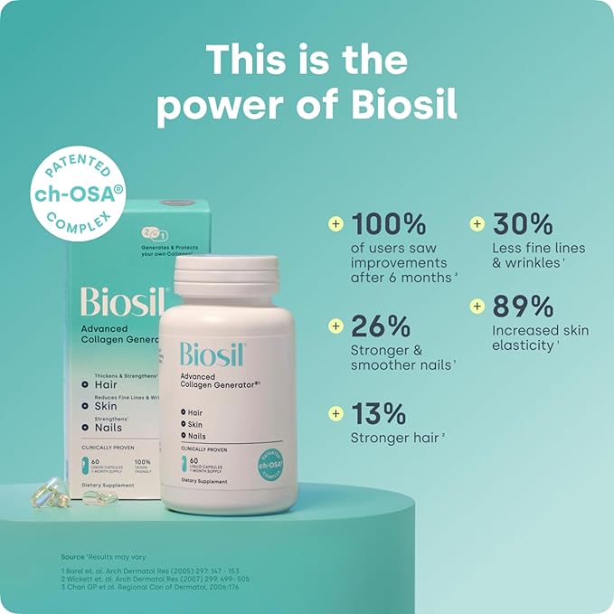 Biosil Collagen Booster Supplement - 120 Vegan Capsules - Patented ch-OSA Activator for Skin Hair Nails &amp Joints - Supports Natural Production - 60-Day Supply