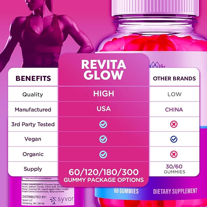 RevitaGlow Gummies Official Revita Glow Gummies with Apple Cider Vinegar Advanced Formula Skin Health Support Supplement with Premium Beauty Vitamins Revitaglow Women's Health Support (60 Gummies)