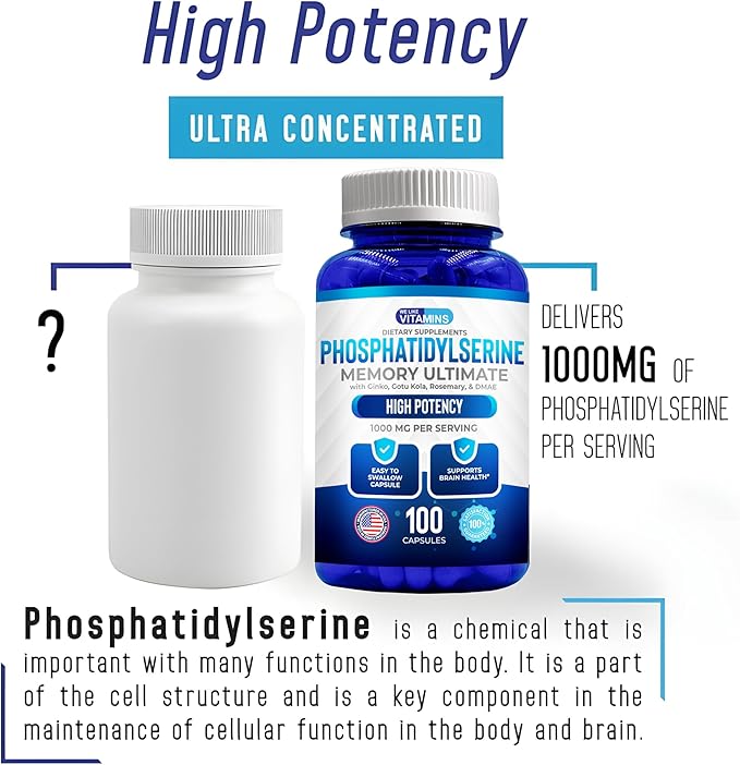 We Like Vitamins Phosphatidylserine Supplement with Gingko Biloba Gotu Kola DMAE - Improves Focus Memory Cognitive Function - Soy-Free 1000mg Memory Ultimate Complex - 100 Easy-to-Swallow Capsules