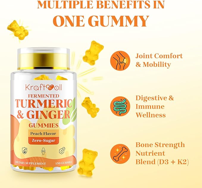 Turmeric Curcumin with Ginger Gummies Vegan Formula with Fermented Turmeric &amp Black Pepper Joint Comfort &amp Mobility Sugar-Free with Vitamin D3 + K2 Natural Peach Flavor – 150 Gummies (2 Bo