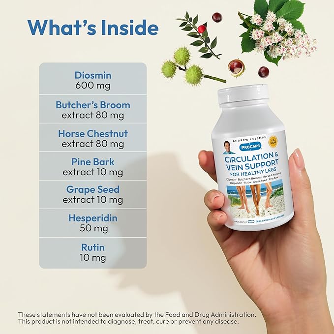 ANDREW LESSMAN Circulation Vein Support for Healthy Legs 60 Capsules - High Bioactivity Diosmin Butcher's Broom Visibly Reduces Swelling and Discomfort in Feet Ankles Calves Legs