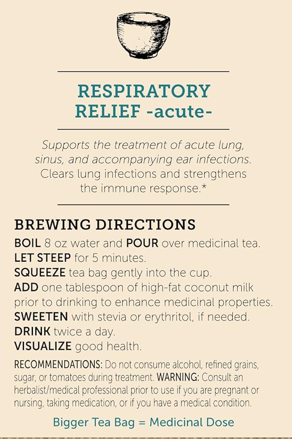 Refua Medicinals Respiratory Relief -acute- Supports the treatment of acute lung sinus and accompanying ear infections: Kosher | Vegan | Gluten Free |Non GMO: 30 Tea Bags