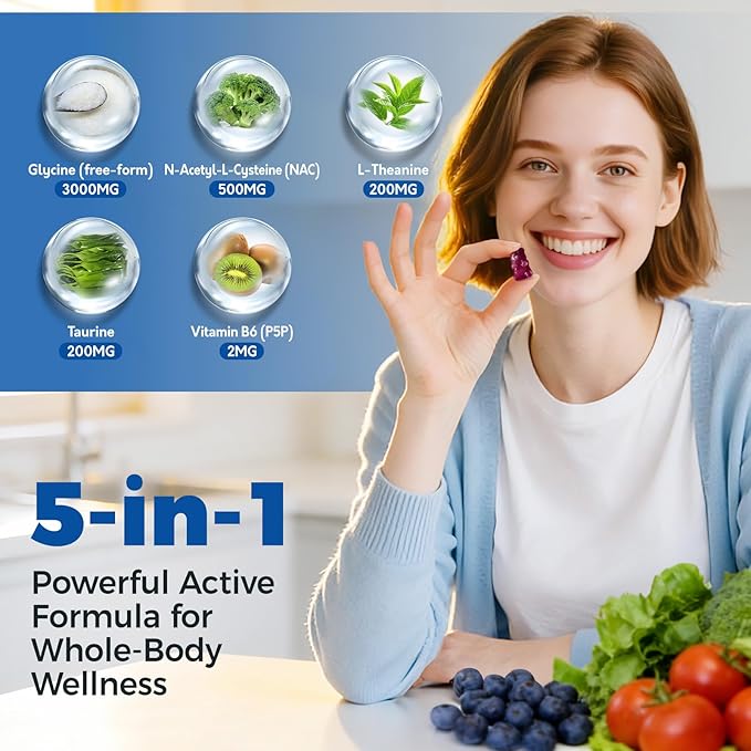 Glycine 3g Gummies Organic L-Glycine with NAC Supplements for Sleep &amp Cellular Support Plus B6 L-Theanine &amp Taurine for Nerve Liver Detox &amp Immune Health Sugar Free Vegan 60 Chews