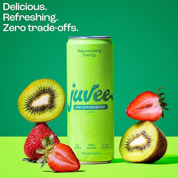 Juvee Rejuvenating Energy Drink Variety Pack – 12 oz Cans Pack of 24 (12 Blue Raspberry + 12 Kiwi Strawberry) – Sugar-Free 128 mg Natural Caffeine Low Calorie Clean Energy &amp Mental Focus Boost