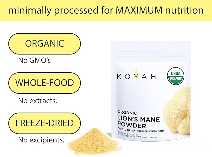 KOYAH - Organic Lion's Mane Mushroom Powder - 80 Servings - We Strive to Make The Least Processed Lion's Mane Powder On Earth. 100% Fruiting Body USA Freeze-Dried 3rd Party Tested for Beta-Glucans