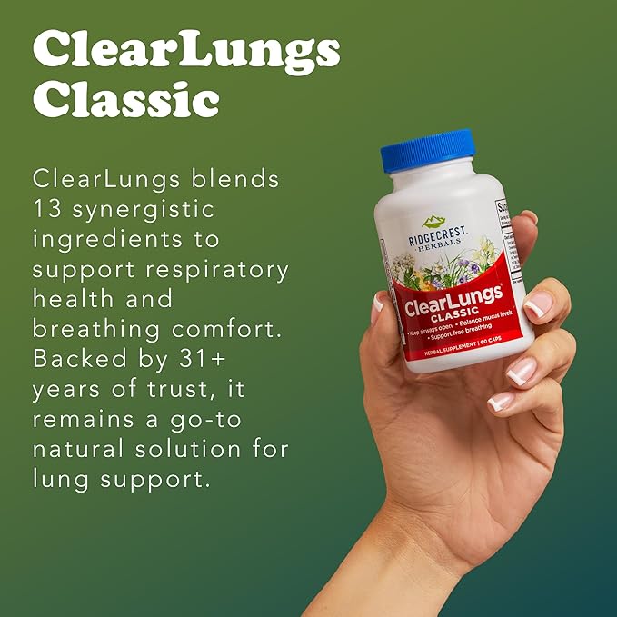 RidgeCrest Herbals ClearLungs Classic Daily Health Supplement Natural Lung and Nasal Wellness Formula for Bronchial Respiratory Immune Sinus and Mucus Support (60 Vegan Caps 30 Serv)
