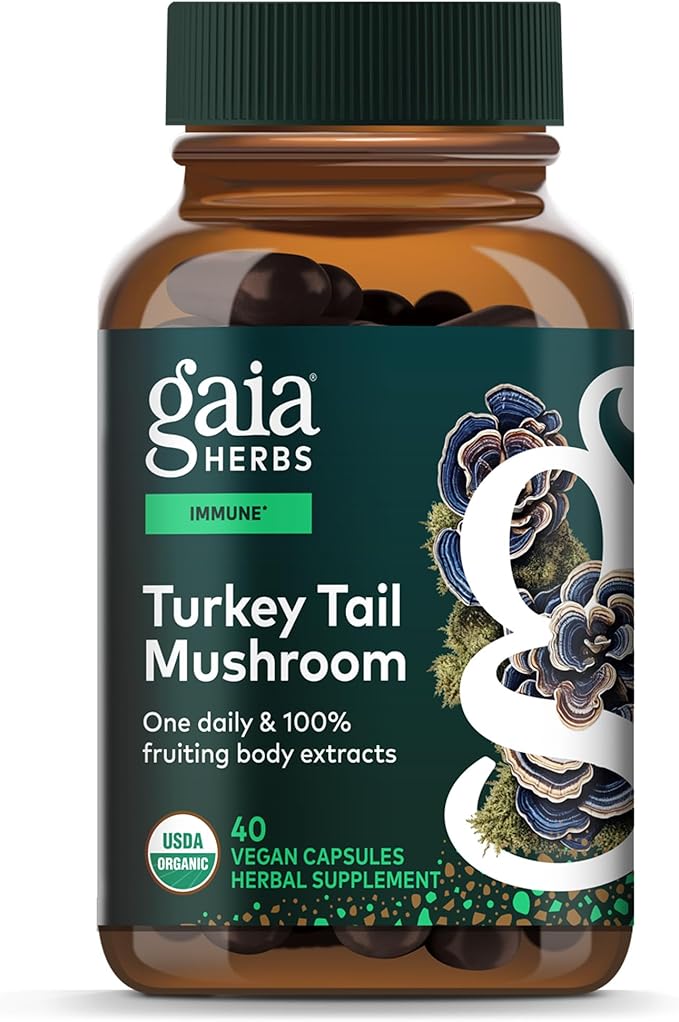 Gaia Herbs Turkey Tail Mushroom - Traditional Immune Support &amp Liver Health Supplement* - with Organic Turkey Tail Mushroom Fruiting Body Extract - 40 Vegan Capsules (40 Servings)