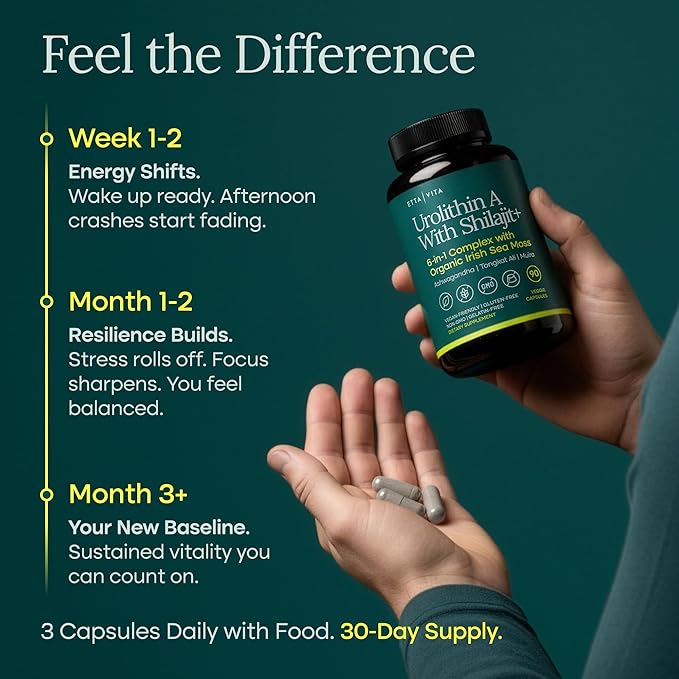 Urolithin-A Complex w Shilajit Organic Sea Moss Ashwagandha &amp Tongkat Ali Natural Energy Libido Hormone Balance and Focus for Men &amp Women (Made in USA - 3rd Party Tested)