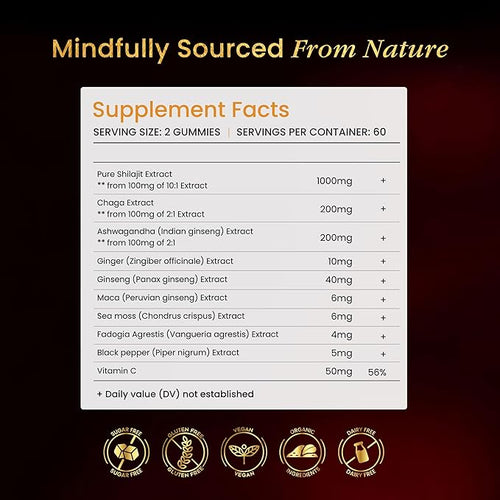 60 Count Gold Shilajit Gummies for Men and Women – 3000mg 10-in-1 Himalayan Blend with Fulvic Acid 85+ Trace Minerals &amp Ashwagandha – Naturally Sweetened Cherry Flavor Pure Shilajit Gummies