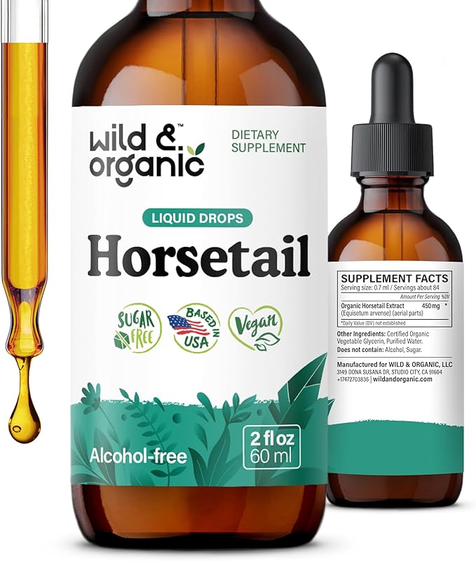 Wild &amp Organic Horsetail Extract Drops - Hair Skin Nails Support - Liquid Horsetail Supplement - Herb Powder Based Tincture - Vegan Sugar &amp Alcohol-Free - 2 fl oz