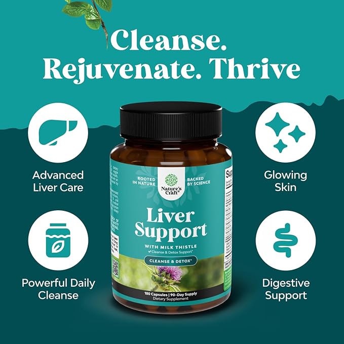 Natures Craft Liver Cleanse Detox &amp Repair 180 Capsules - Herbal Liver Support Milk Thistle Supplement - Silymarin Milk Thistle Supplements with Dandelion Root Choline Beetroot &amp Artichoke E