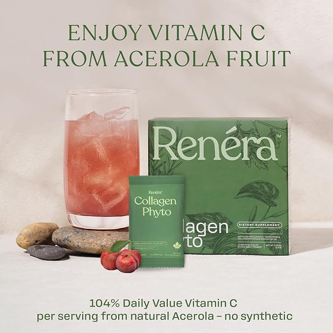 Renéra - Collagen Phyto Powder with Marine Collagen Peptides &amp Postbiotic Clinically Studied Ingredients for Healthy Skin Hair Nails and Immunity Healthy Aging Support* - 12 Packets