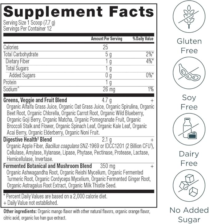 Ancient Nutrition SuperGreens Powder with Probiotics Organic Mango Flavor Greens Made from Real Fruits Vegetables and Herbs Digestive and Energy Support 12 Servings 3.3oz