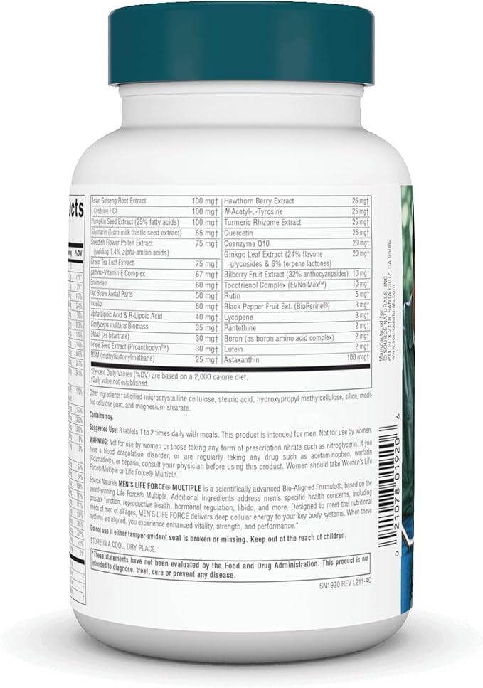 Source Naturals Men's Life Force Multiple Daily Multivitamin &amp Immune Health Supplement - 13 Essential Vitamins Nutrients &amp Minerals - 180 Tablets