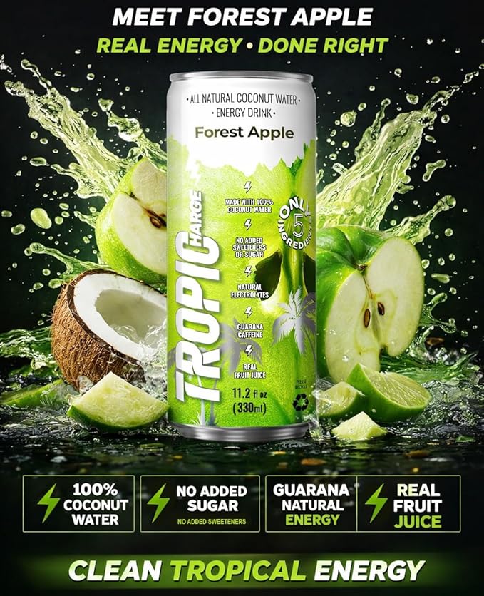 Tropicharge 100% Coconut Water Energy Drink with Guarana Extract (24 pack 330ml/6 flavours) - Zero Sweeteners or Added Sugar - All Natural - Passion Fruit Forest Apple Red Cherry Lemon Peach Wate