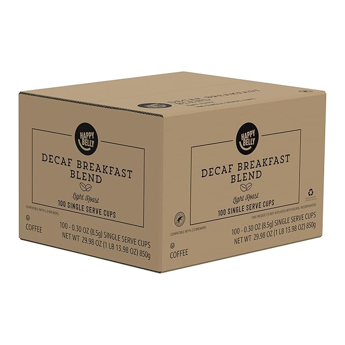 Amazon Brand - Happy Belly Decaf Light Roast Coffee Pods Breakfast Blend Compatible with Keurig 2.0 K-Cup Brewers 100 Count