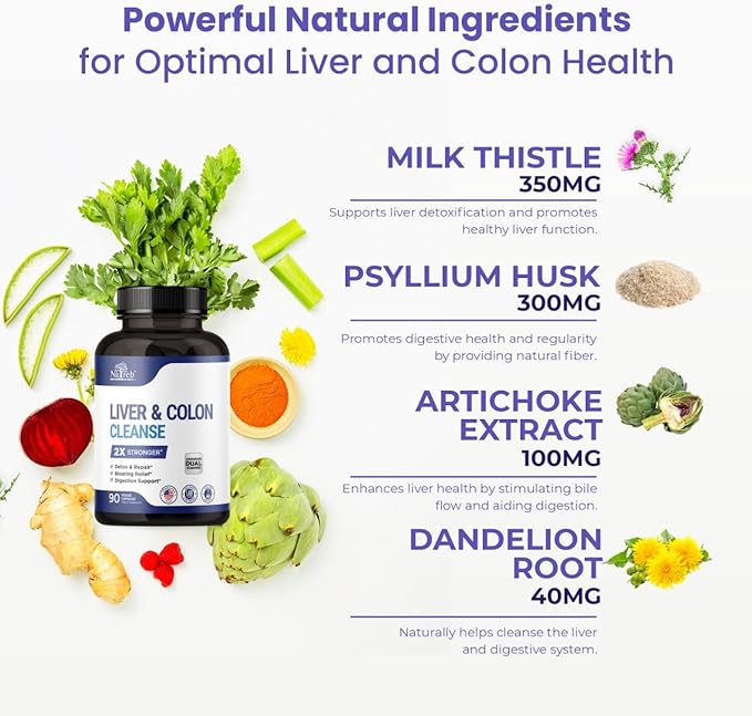 Liver Detox &amp Colon Cleanse - 2X Stronger - Liver Cleanse Detox &amp Repair - Colon Cleanser &amp Detox - Premium Milk Thistle Supplement - Men &amp Women - Vegan 90 Capsules