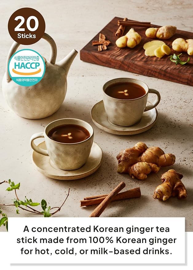 Korean Food Damccot Ginger Tea Stick Gift Set (20ea) Concentrated Korean Ginger Extract for Hot &amp Iced Tea Milk Lattes