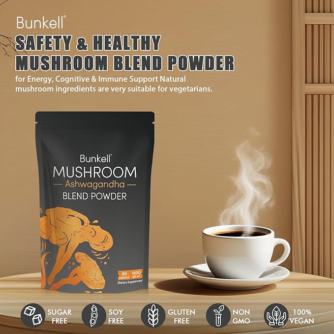 Ashwagandha Mushroom Powder Adaptogenic 10 Mushrooms Complex W/Ashwagandha - Lion's Mane Reishi Chaga &amp Maitake - Adaptogens Powder for Energy Cognitive &amp Immune Support 80 Servings