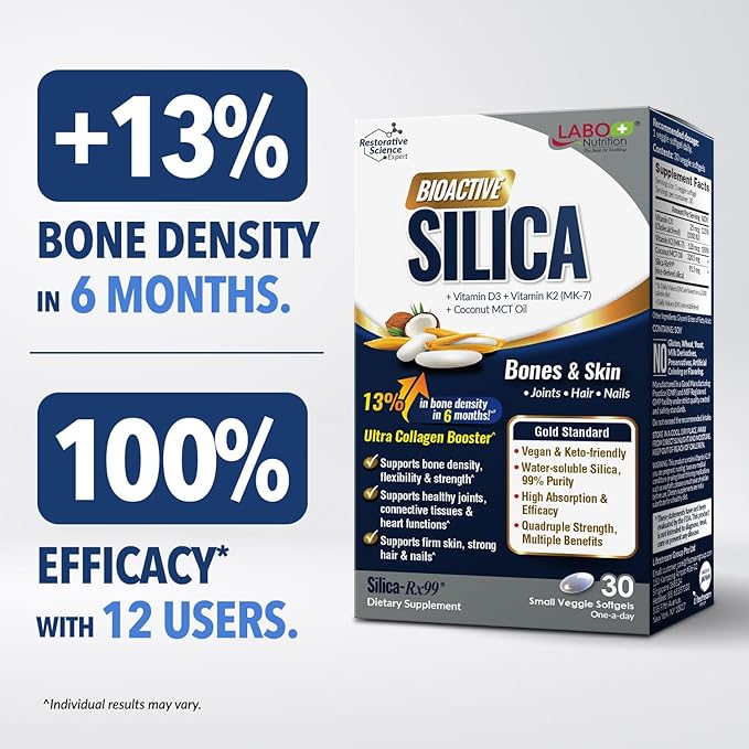 LABO Nutrition Bioactive Silica | Vegan Support for Strong Joint Bones &amp Healthy Collagen Production Glowing Skin Strong Hair &amp Nails | 99% Purity Rice-Derived Silica Supplement 30 Vegan S