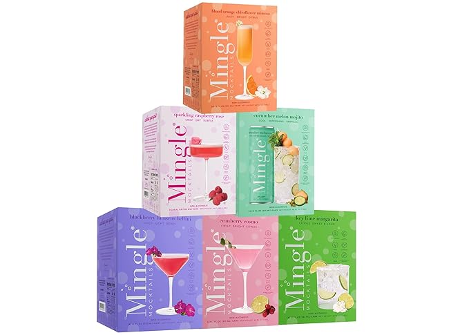 Mingle Mocktails - Blackberry Hibiscus Bellini Cranberry Cosmo Key Lime Margarita Blood Orange Elderflower Mimosa Cucumber Melon Mojito Sparkling Raspberry Rose Variety Pack Premium Non Alcohol
