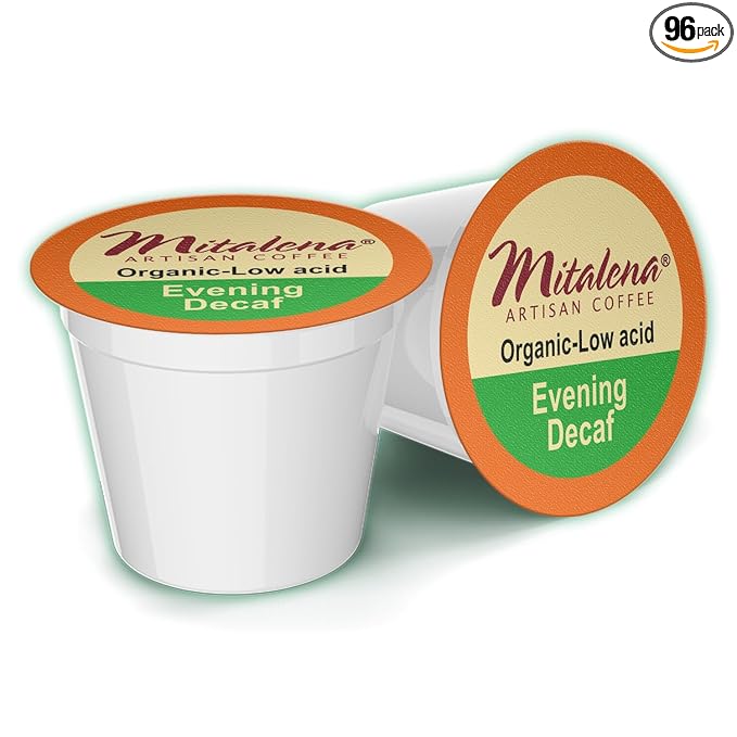Mitalena Artisan Coffee - Evening Decaf Organic Low Acid Coffee Pods Water Process Naturally Low Acid Compatible with Keurig Coffee Maker Chemical Free Naturally Low Acid 96 K Cups