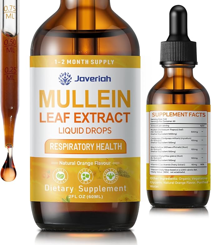 Mullein Drops for Lungs Cleanse - Cordyceps Marshmallow Root &amp Licorice Root Extract Respiratory Herbal Supplement with Mullein Leaf Extract for Immune Support &amp Bronchial Cleanse 2 Fl Oz