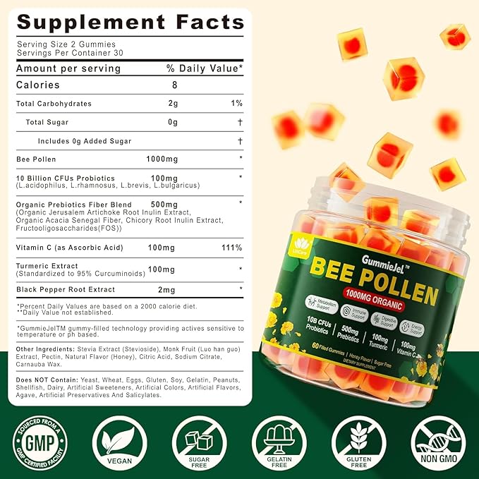 Digestive Health &amp Weight Bee Pollen Organic 1000mg w/Probiotics Prebiotics &amp Turmeric Bee Pollen Gummies Rich in B-Vitamin Antioxidants Amino Acids for Digestive Weight &amp Energy
