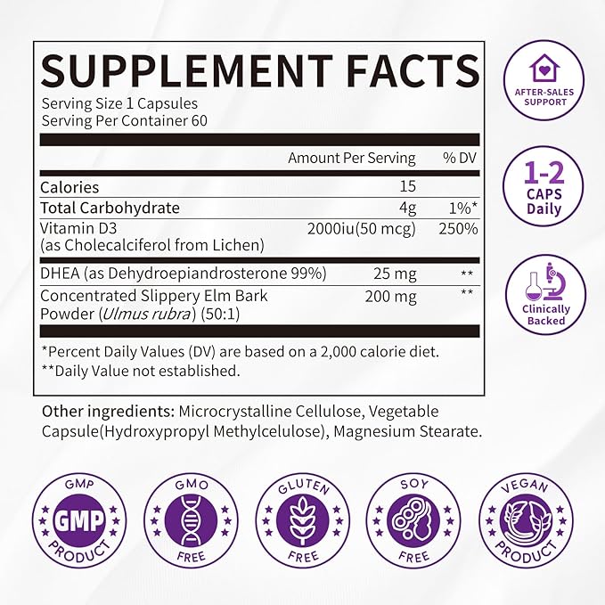 iMATCHME Women's DHEA 25mg Supplement with Vitamin D3 &amp Slippery Elm – Daily Hormone Support for Energy Mood Immune &amp Healthy Aging – Gentle Balance Formula Vegan Capsules 60 Count
