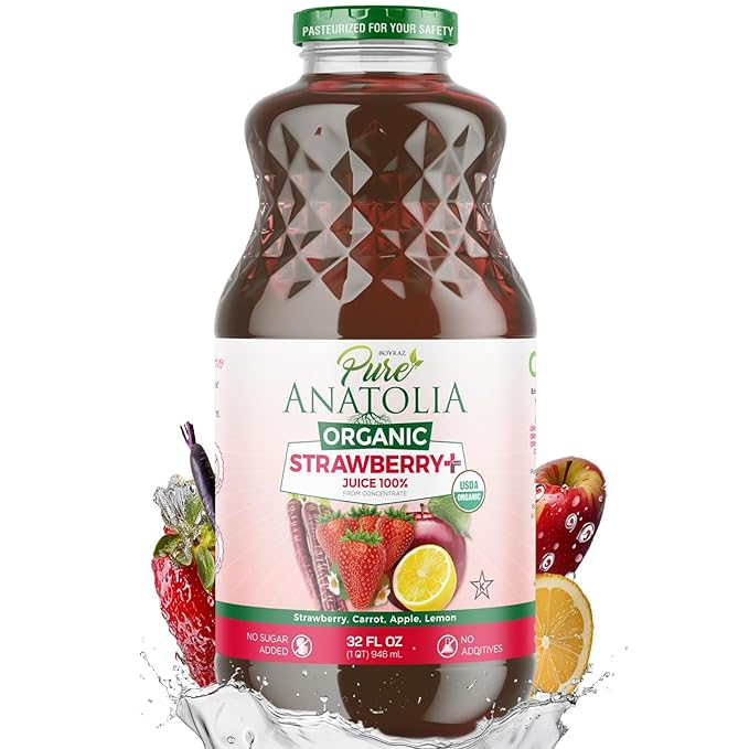 Organic Fruit Juices by Pure Anatolia • Pomegranate • Carrot Mix • Green Detox • Antioxidant • Tart Cherry • USDA Organic Gluten Free Vegan - 6 Glass Bottles of 32 fl oz. (Strawberry+)
