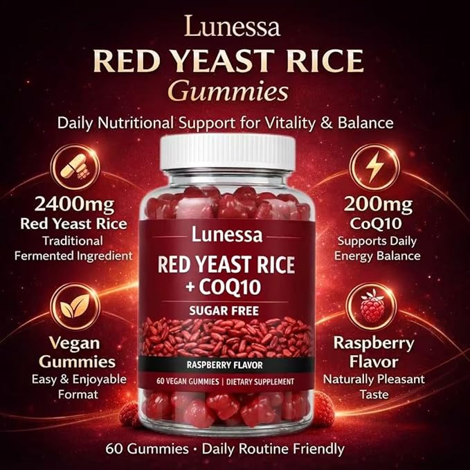 Lunessa Red Yeast Rice with Red Yeast Rice 2400mg CoQ10 200mg Restores Body Vitality &amp Maintains Healthy Cholesterol Levels for Men &amp Women Non-GMO Vegan Raspberry Flavor 60 Gummies (1)