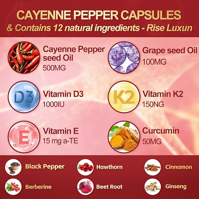 12-in-1 Cayenne Pepper Capsules Supplement* 5000mg Per Serving Containing | Vitamin D3 K2+E &amp Extracts of Grape Seed Hawthorn Beetroot Berberine Other Extracts
