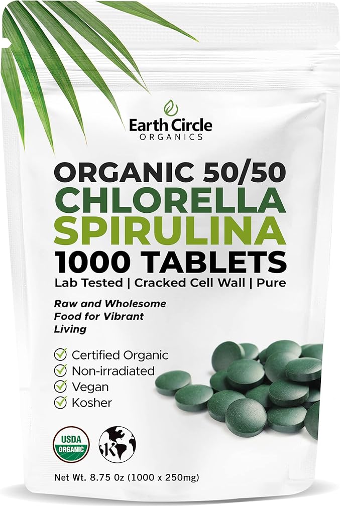 Premium Organic Chlorella / Spirulina Tablets 1000 Count (50/50) | Vegan Kosher Green Algae Superfood | Cracked Cell Wall for Maximum Absorption | High in Protein Iron Chlorophyll - Pack of 1