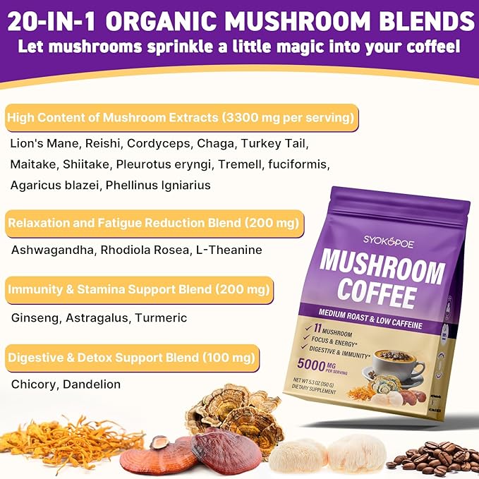 Mushroom Coffee Organic 11 Mushrooms + 8 Adaptogenic Herb Mushroom Coffee for Focus Energy Digestion &amp Immune Support| Cordyceps Lion’s Mane Reishi Chaga &amp Ashwagandha| Gluten Free 30 S