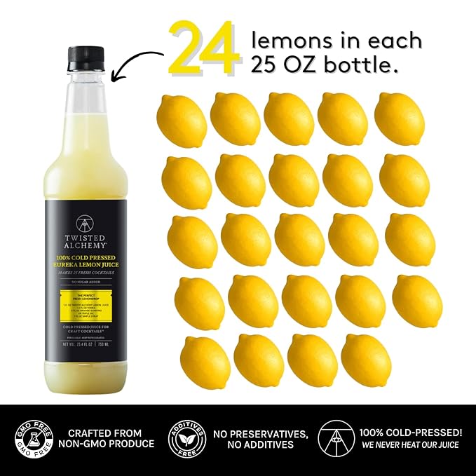 Twisted Alchemy Cold Pressed Fresh Juice For Craft Cocktails - All Natural Hand Squeezed Juice Cocktail Mixer - (Lemon/Lime 25 Oz Bottle 2 Bottle Set) - No Sugar Added Preservative Free Ships Col