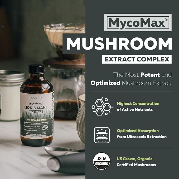 MycoMax Lions Mane Extract - 70% Beta Glucans Max Potency Organic Lions Mane Supplement US Grown + Ultrasonic Extraction - 500 mg per serving - Mental Clarity Focus and Memory - 8 oz.